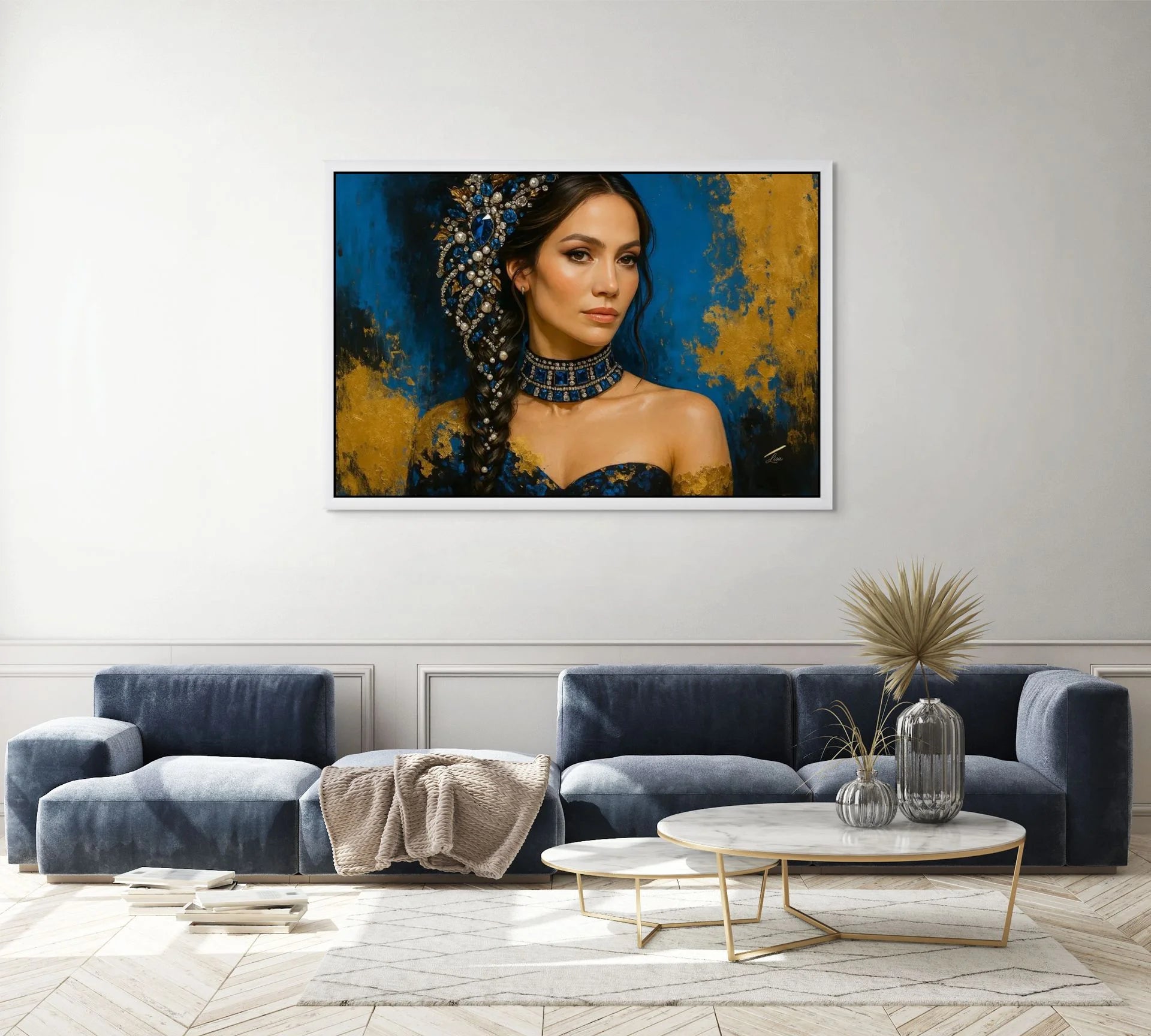 Sapphire Eclipse original painting – couture portrait with gold leaf detailing, shown in a modern lounge room.