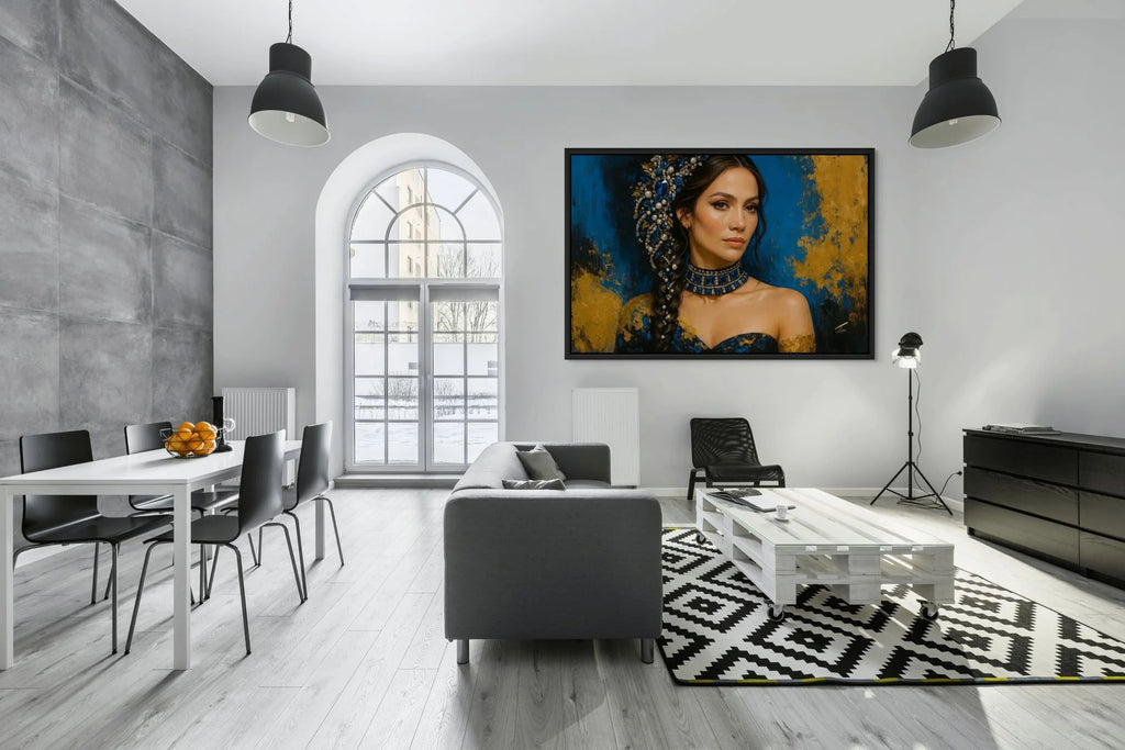 Sapphire Eclipse original painting – couture portrait with gold leaf detailing.