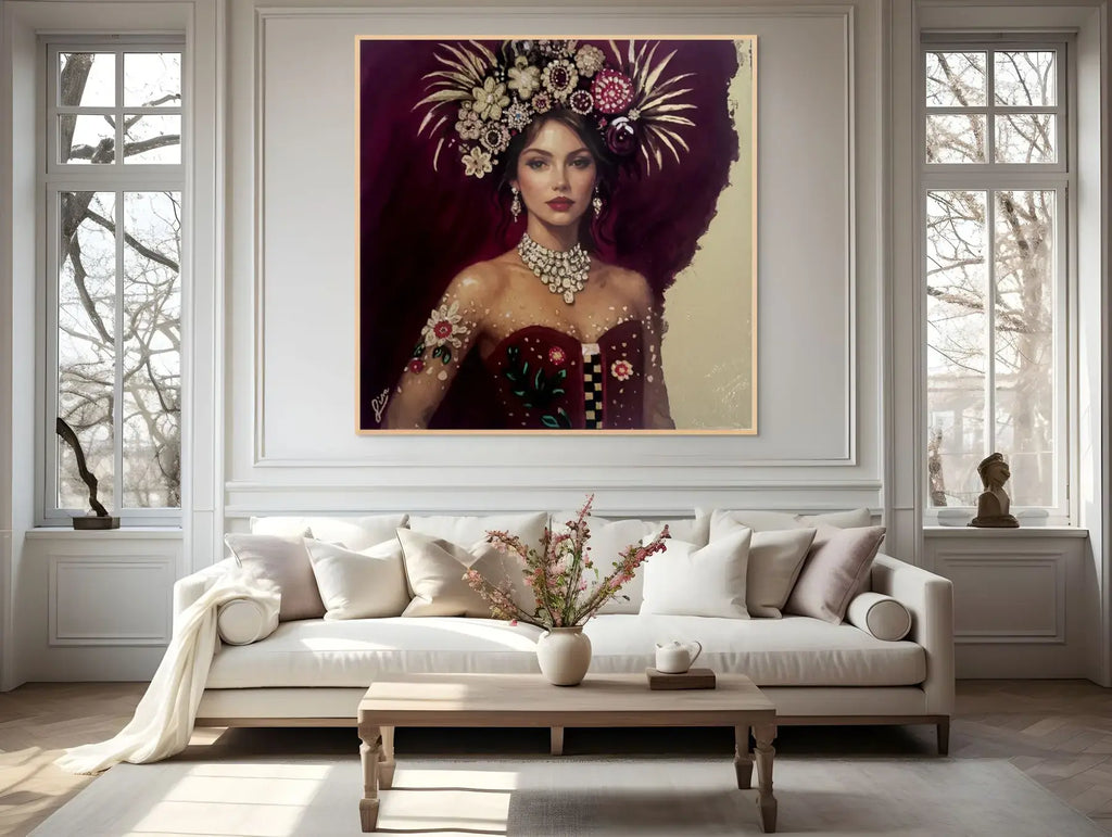 Scarlet Radiance original painting – couture portrait with gold leaf detailing, shown in a modern lounge room.