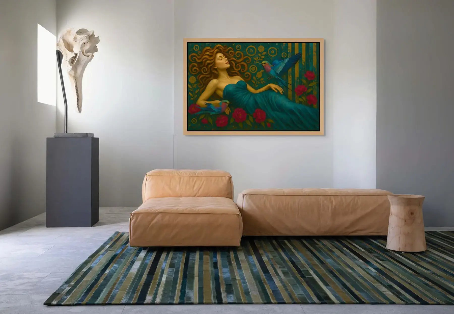 Serenade in Teal fine art print – floral couture portrait with teal accents and dramatic florals, shown in a modern lounge room.