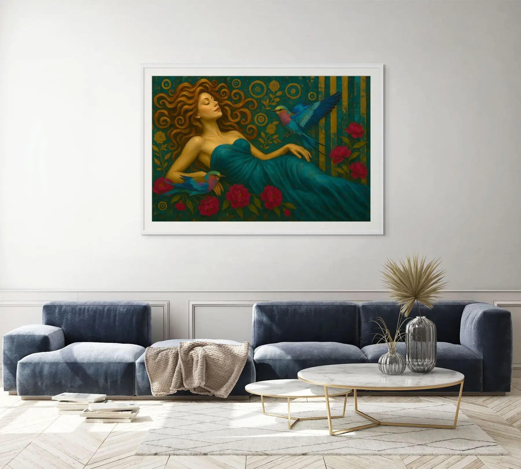 Serenade in Teal fine art print – floral couture portrait with teal accents and dramatic florals, shown in a modern lounge room.
