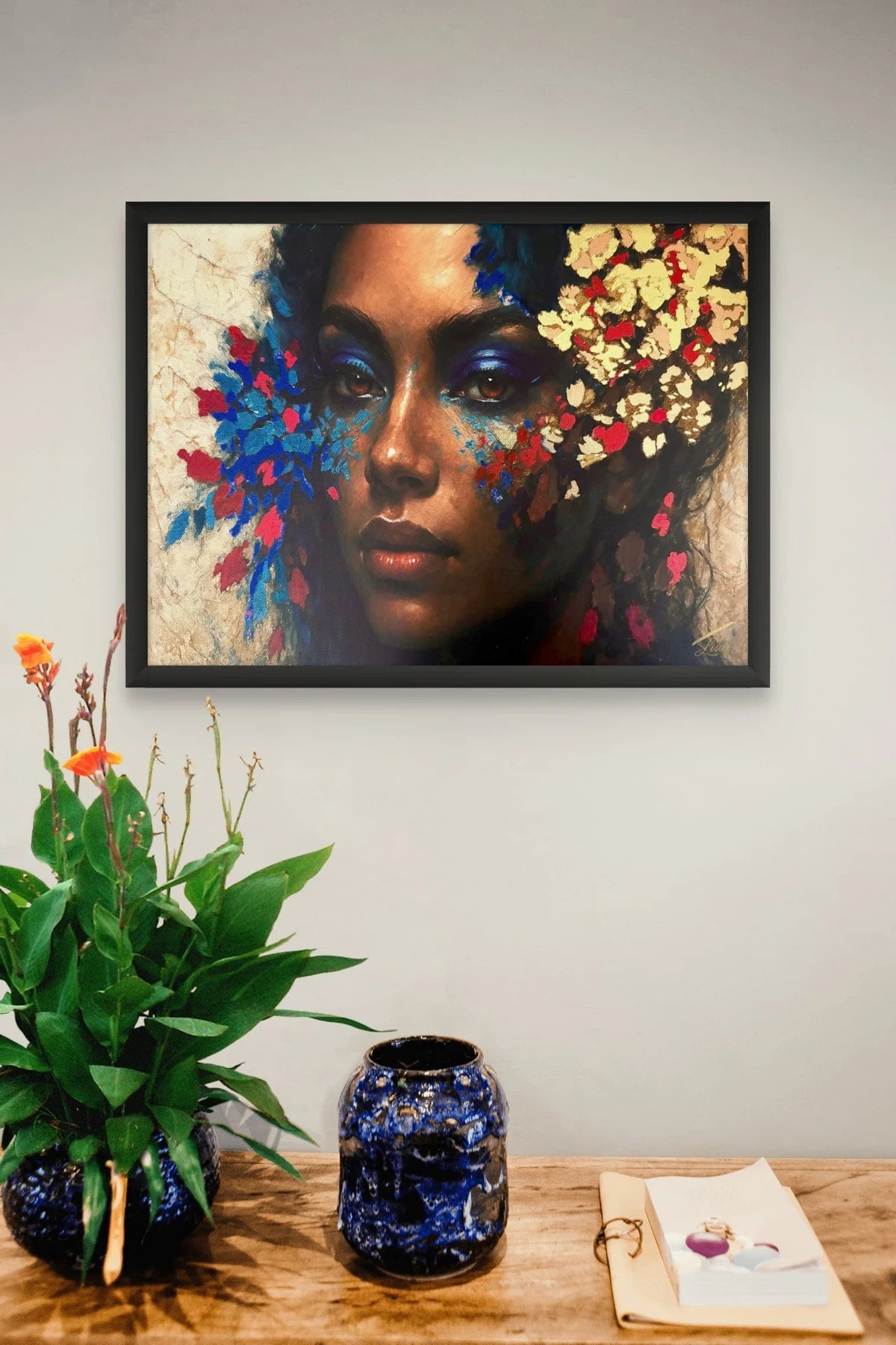 Luxury fine art portrait print in black frame displayed above console, designed for modern living room interiors