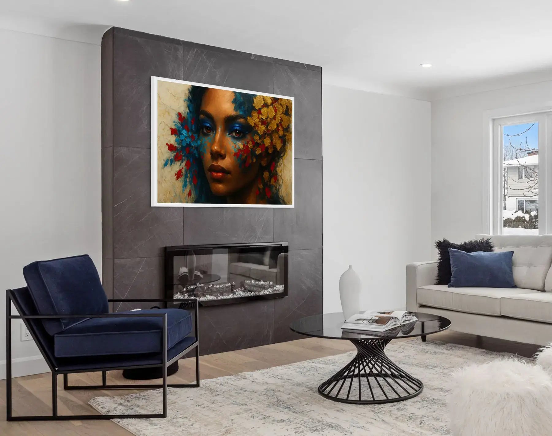 Shards of Desire original painting – couture portrait with gold leaf detailing, shown in a modern living room.