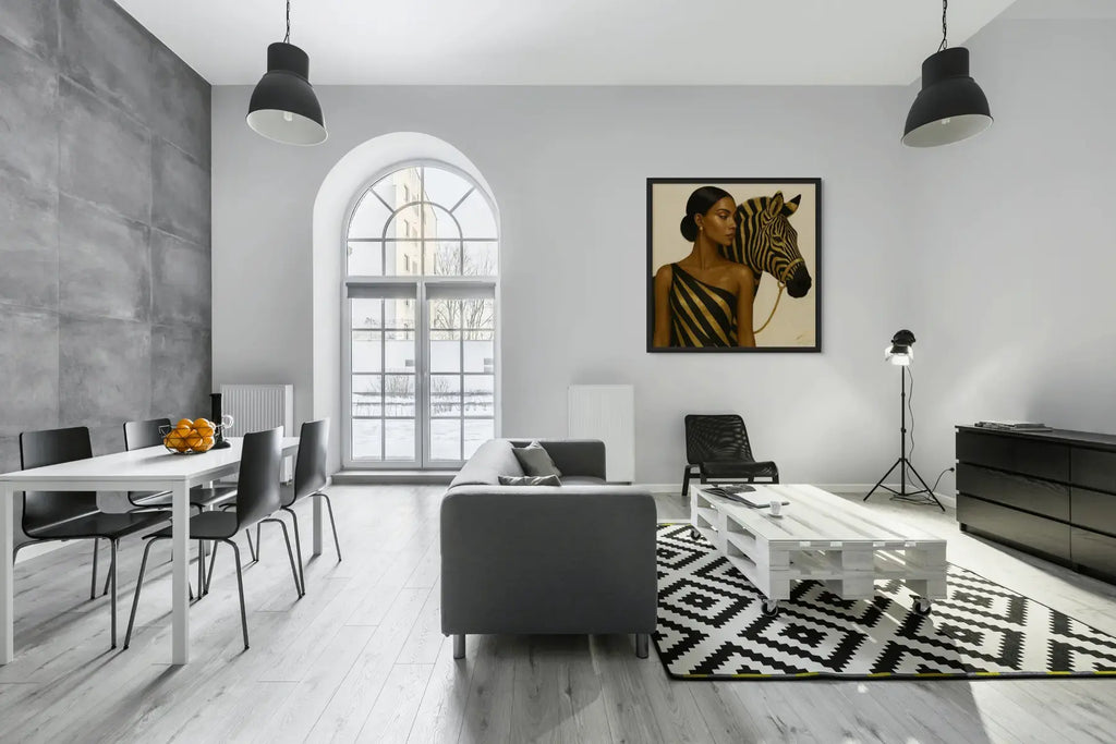 Sovereign Mark original gold leaf painting presented in a black frame, featuring a contemporary female muse with gold accents and a zebra against a neutral backdrop.