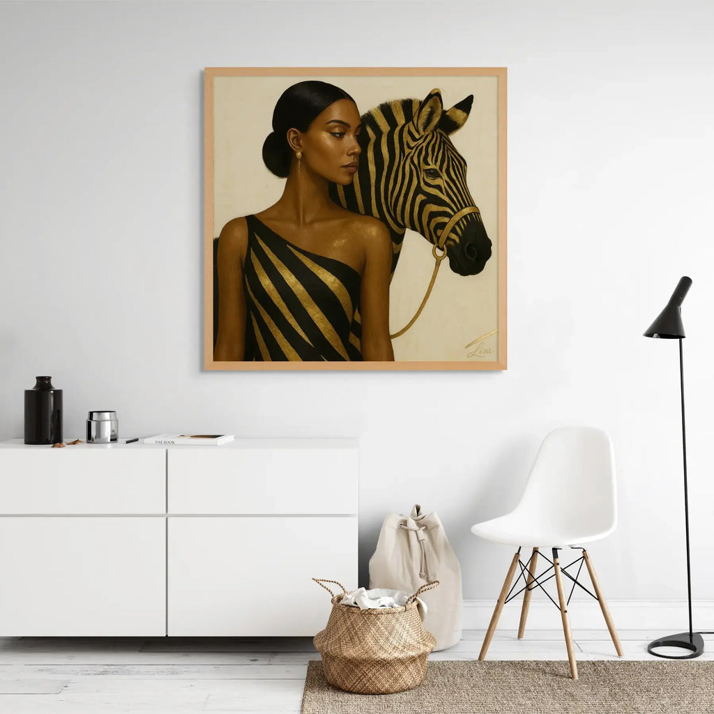 Sovereign Mark original gold leaf painting displayed above a white credenza in an oak frame, featuring a powerful female muse in black and gold with a zebra companion.