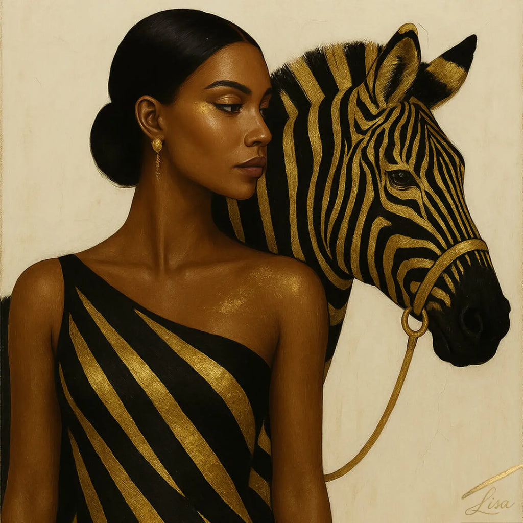 Sovereign Mark original luxury painting depicting a poised female figure in black and gold alongside a zebra, finished with luminous gold leaf detailing