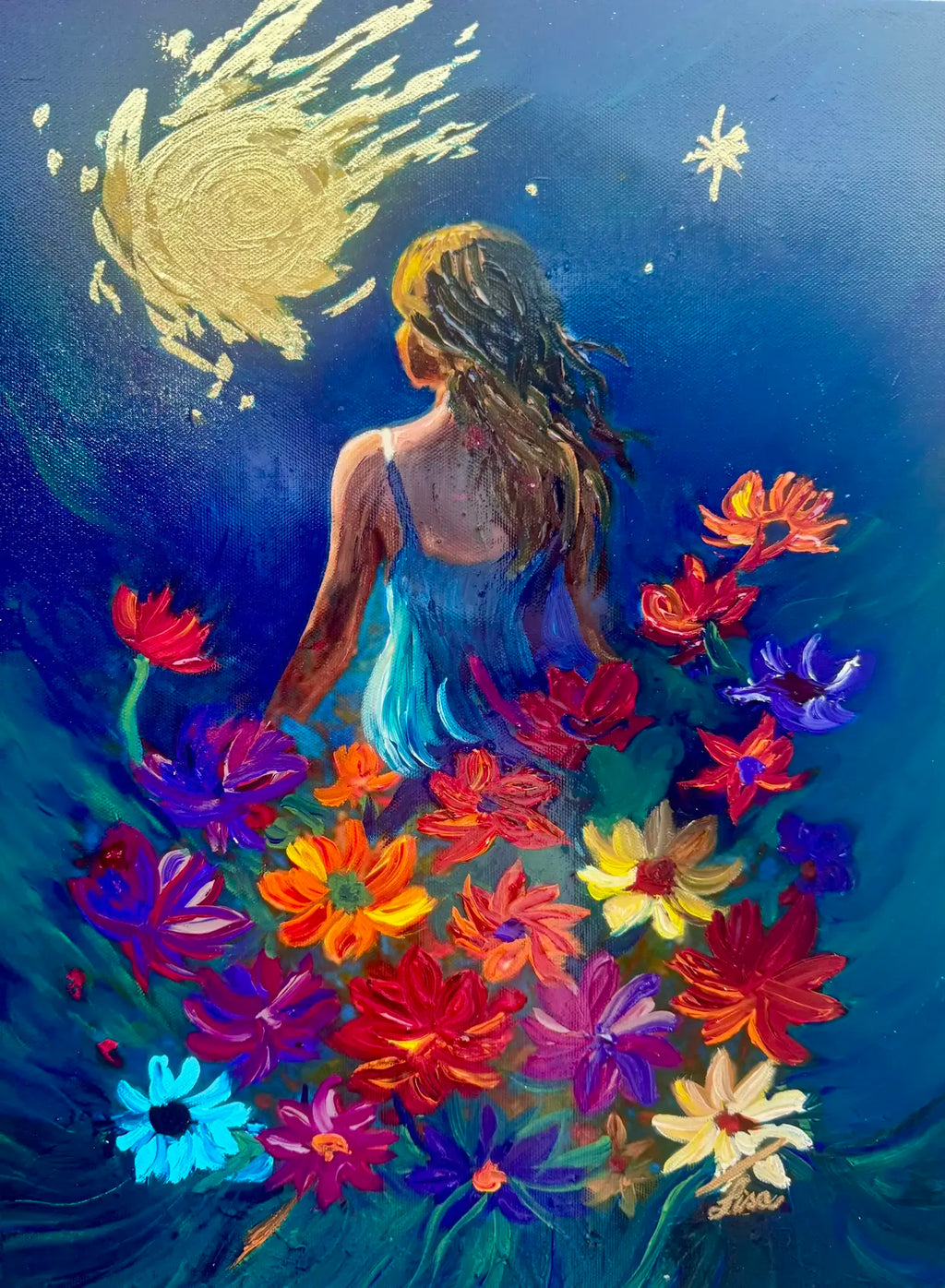 Stellar Petals original painting with vibrant floral headpiece and hand-applied metallic gold leaf surrounded by colourful flowers under a bright moon.