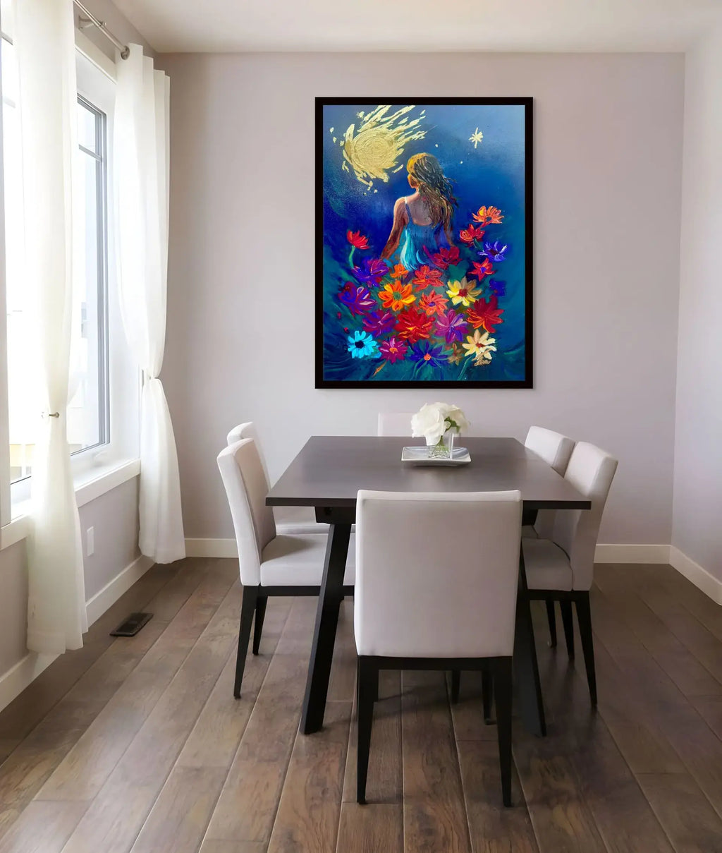 Stellar Petals original artwork in a black frame displayed in a modern dining room interior