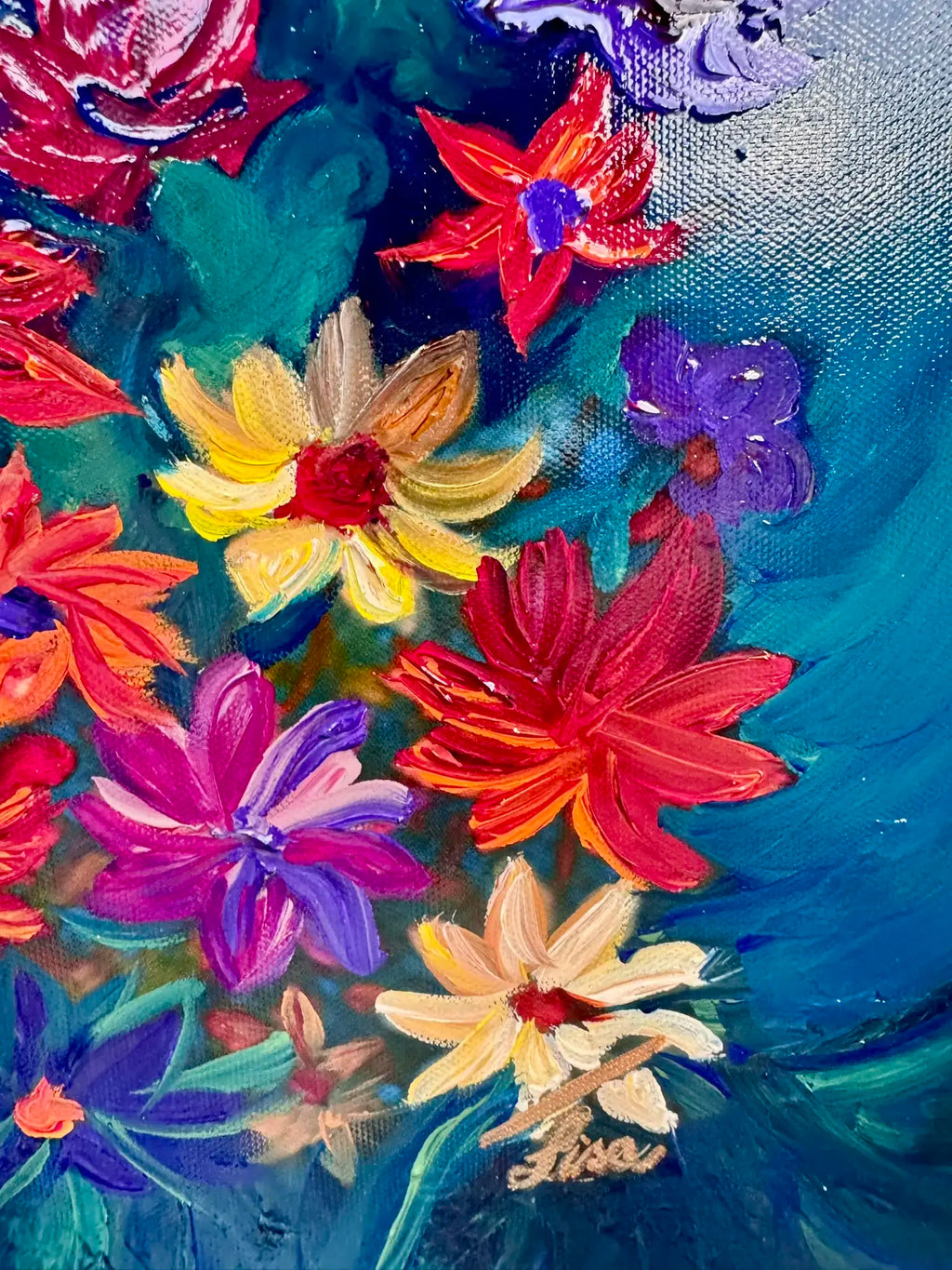 Close-up of colourful couture floral textured  petals with luminous gold leaf detailing from the Stellar Petals artwork.