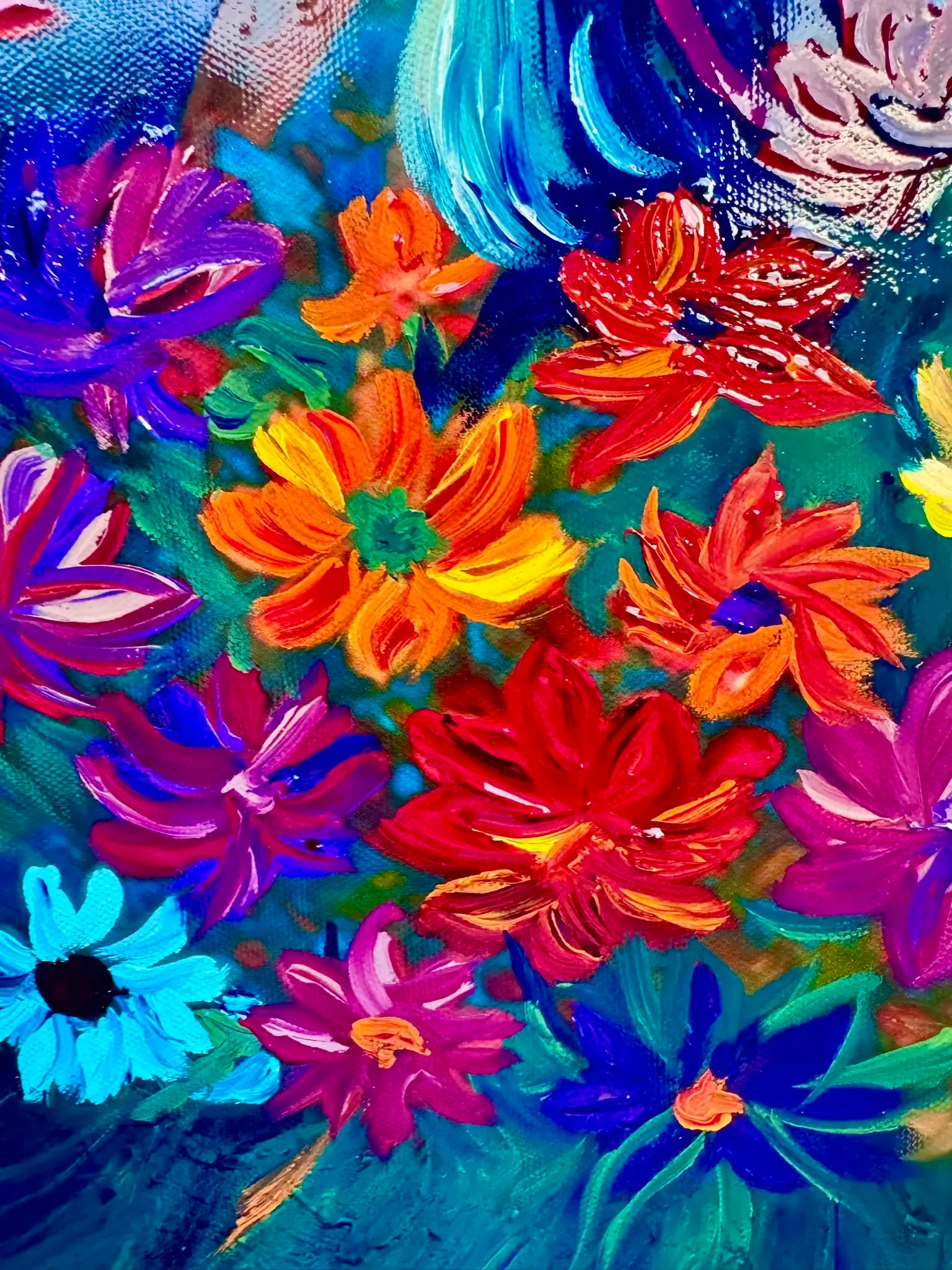 Macro close-up showing layered petals with metallic gold leaf shimmer in the Stellar Petals painting.