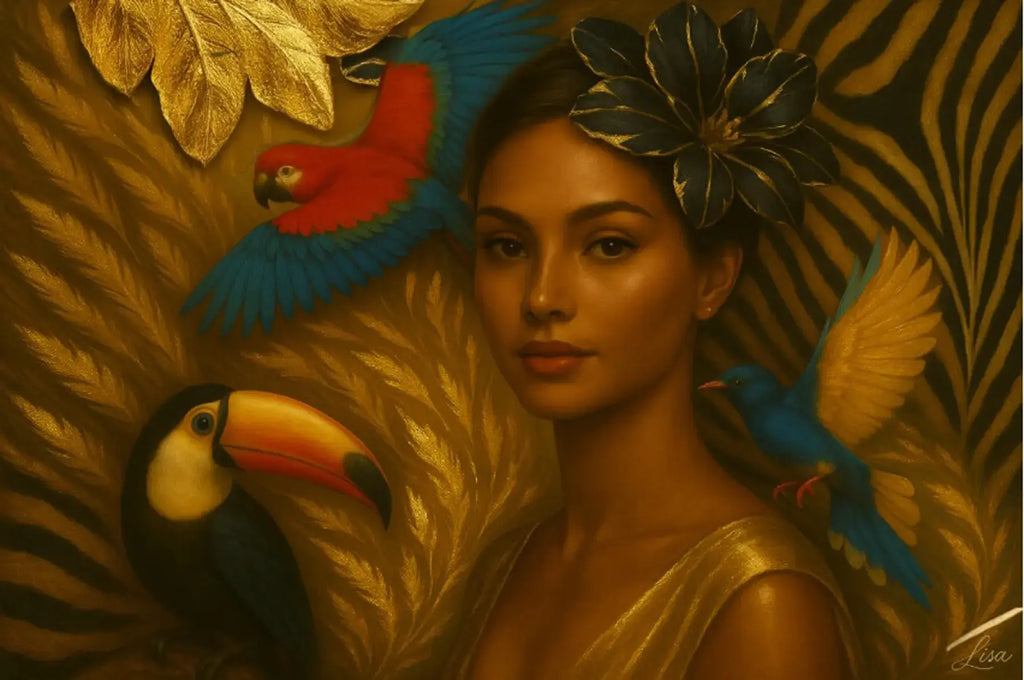 The Gilded Aviary original gold leaf portrait featuring a serene muse surrounded by tropical birds, zebra-pattern details, and luminous gilded foliage.