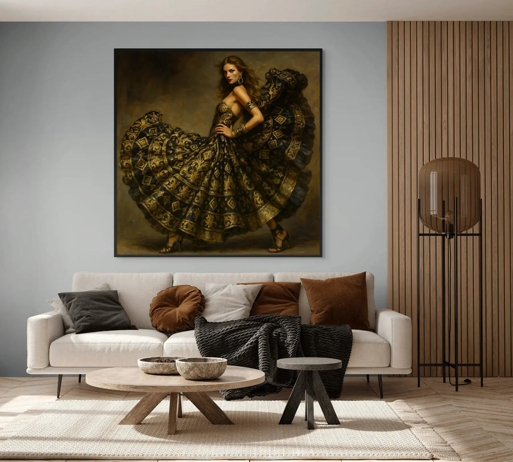 Statement luxury wall art Velvet Sovereign shown in a contemporary white lounge, framed in black, highlighting a powerful feminine figure in an embellished gold-patterned gown.