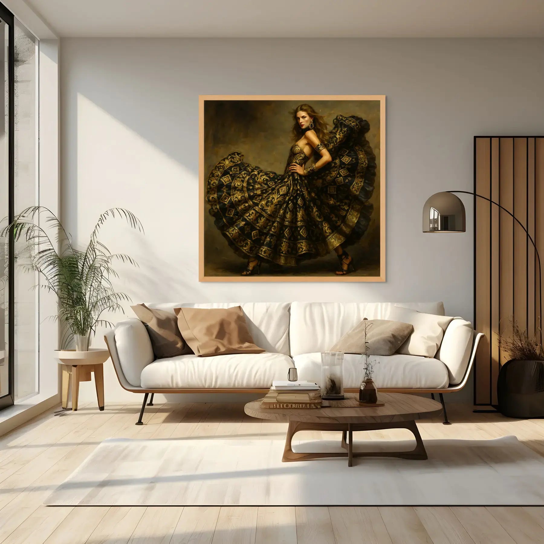 Velvet Sovereign luxury gold leaf original painting styled in a modern white living room, presented in a natural oak frame with rich black and gold fashion detailing.