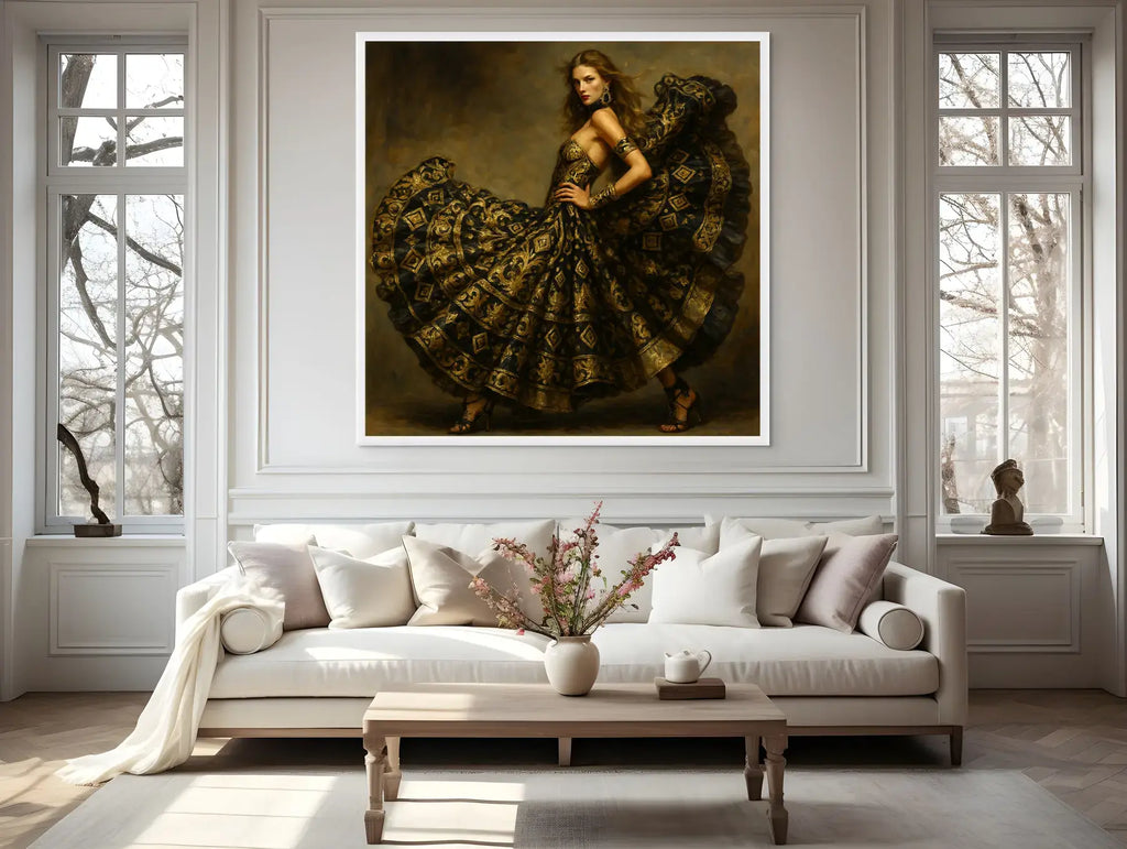 Luxury gold leaf original painting Velvet Sovereign displayed in a bright white lounge interior, framed in white, featuring a dramatic couture-inspired woman in an ornate black and gold gown