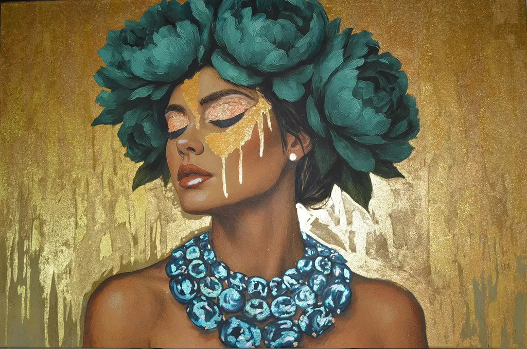 Azulina Glow luxury original painting of a woman with a teal floral headpiece and necklace against a metallic gold leaf foil background.