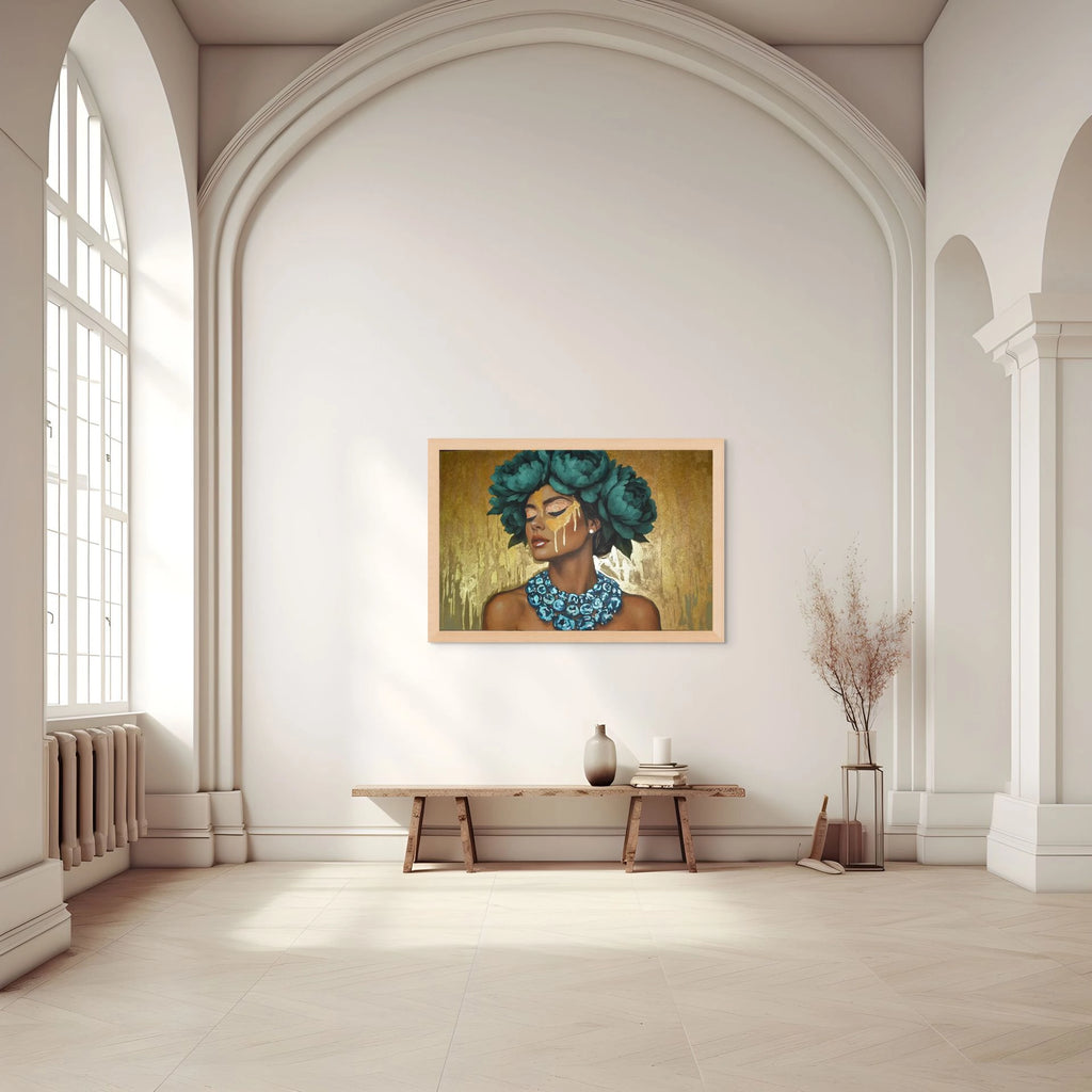 Framed Azulina Glow original artwork of a woman with large teal headpiece and gold leaf background and accents in a room with arched windows and a wooden bench.