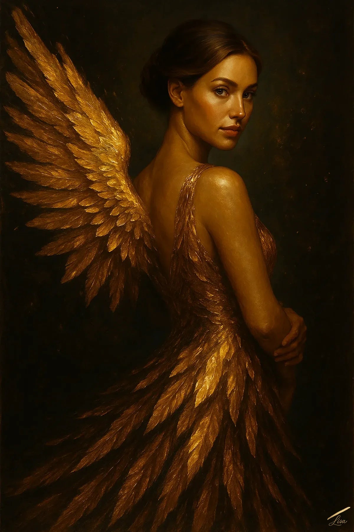 Gilded Seraph original couture  portrait painting of a woman with golden wings against a warm light and dark background.