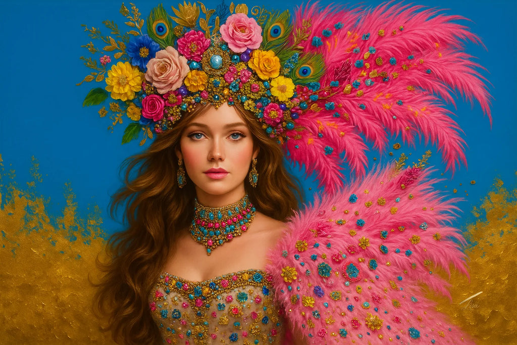 Golden Carnival luxury original painting – couture portrait with gold leaf detailing.