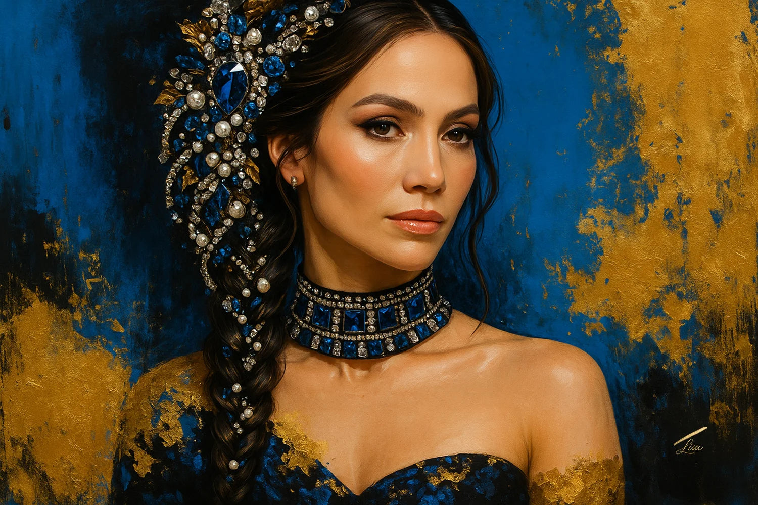 Sapphire Eclipse is a luxury original painting – couture portrait with  blue and gold colours   and gold leaf detailing.