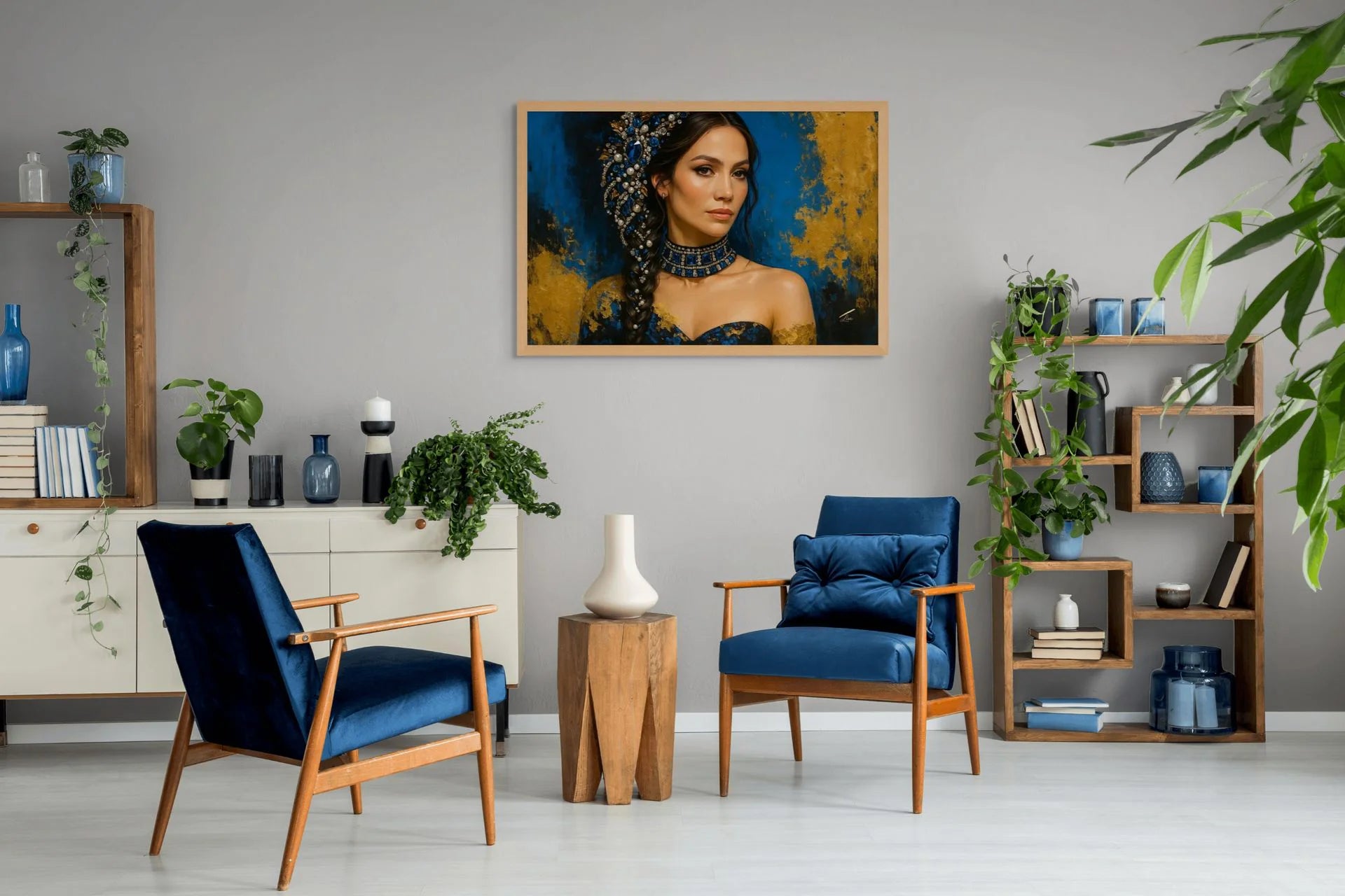 Sapphire Eclipse original painting – couture portrait with gold leaf detailing.