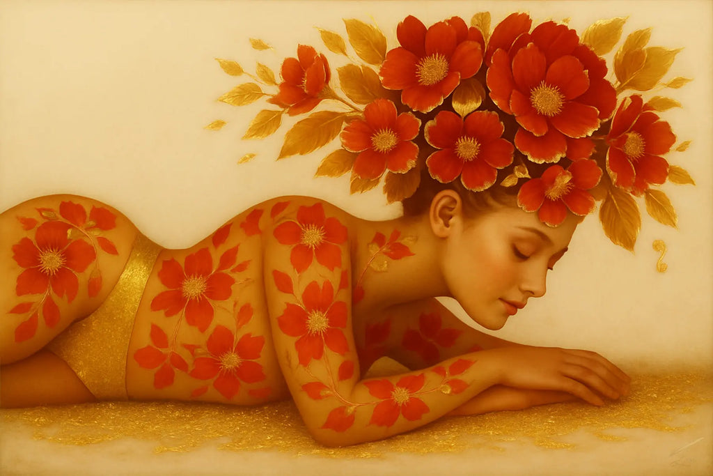 Auric blossom original painting of a woman with red and gold floral design on her head and body
