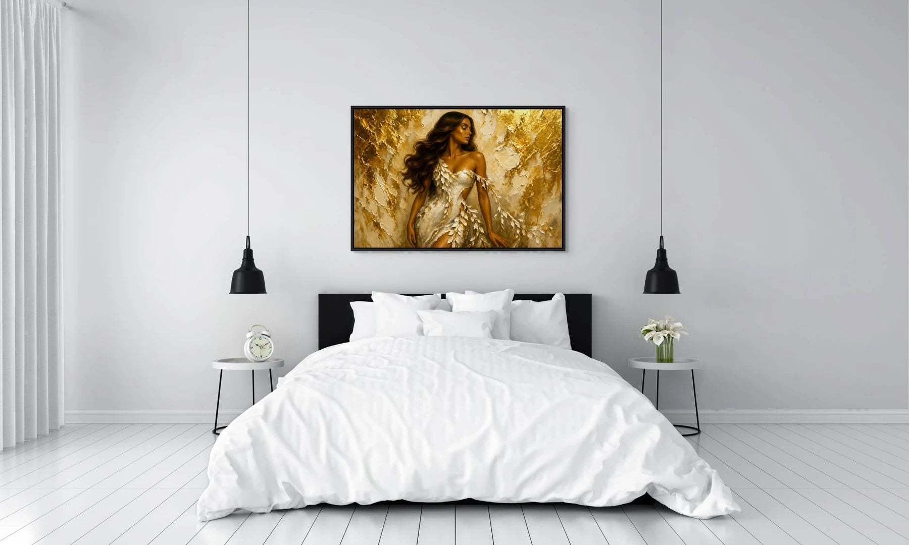 Luxury gold leaf original painting Ivory Sovereign in a black float frame above a modern white bedroom, showing how the artwork adds warmth and glamour to a serene interior.