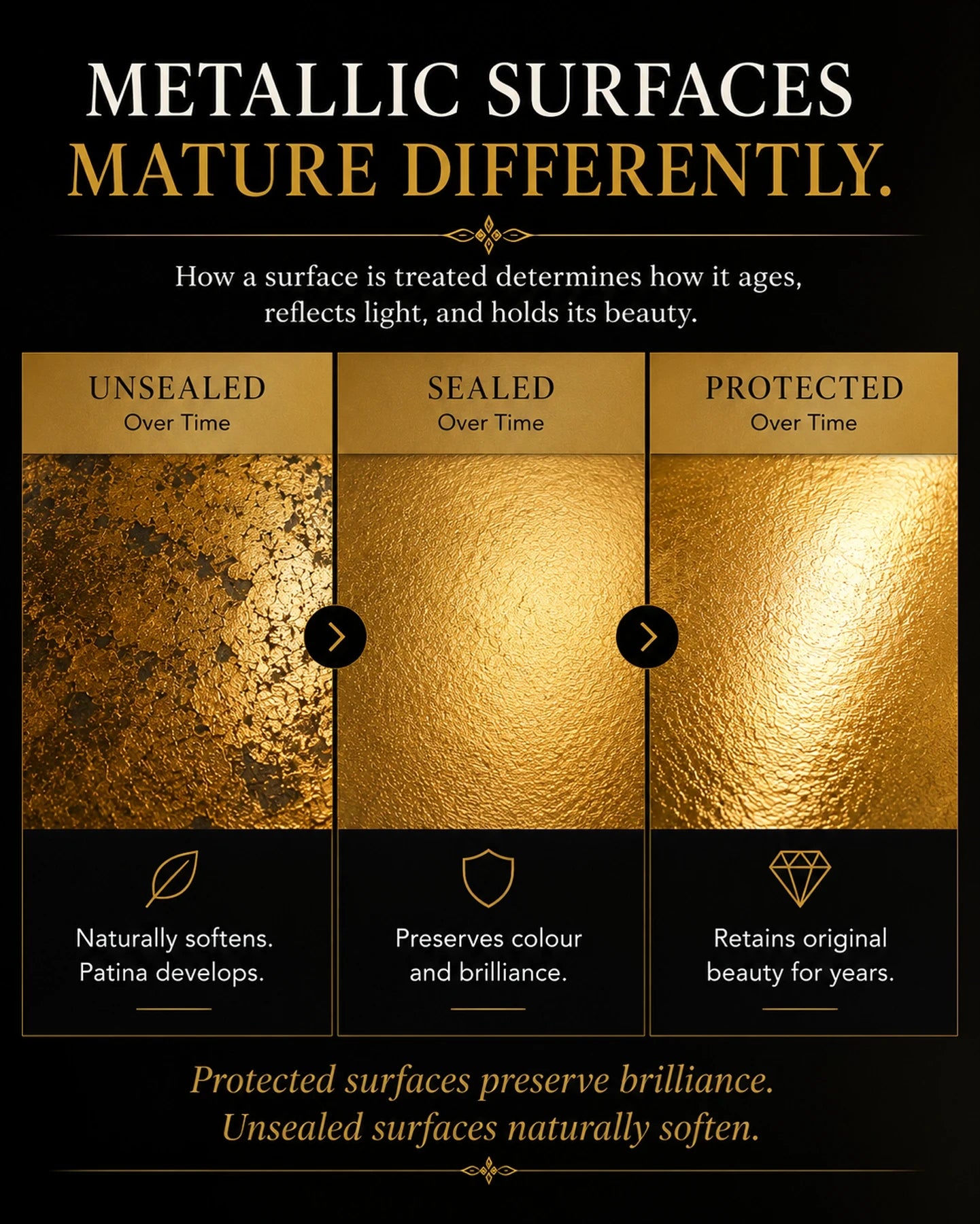 Educational black and gold infographic comparing unsealed, sealed, and protected metallic surfaces over time.
