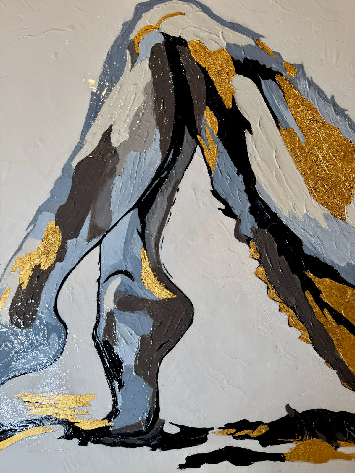 Detail of The Recline by Lisa Rees, sculptural mixed media figurative painting with 23K gold leaf and textured surface