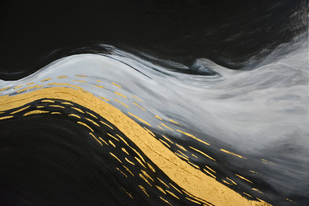 Detail of The River Within by Lisa Rees showing layered monochromatic brushwork and 23K gold leaf