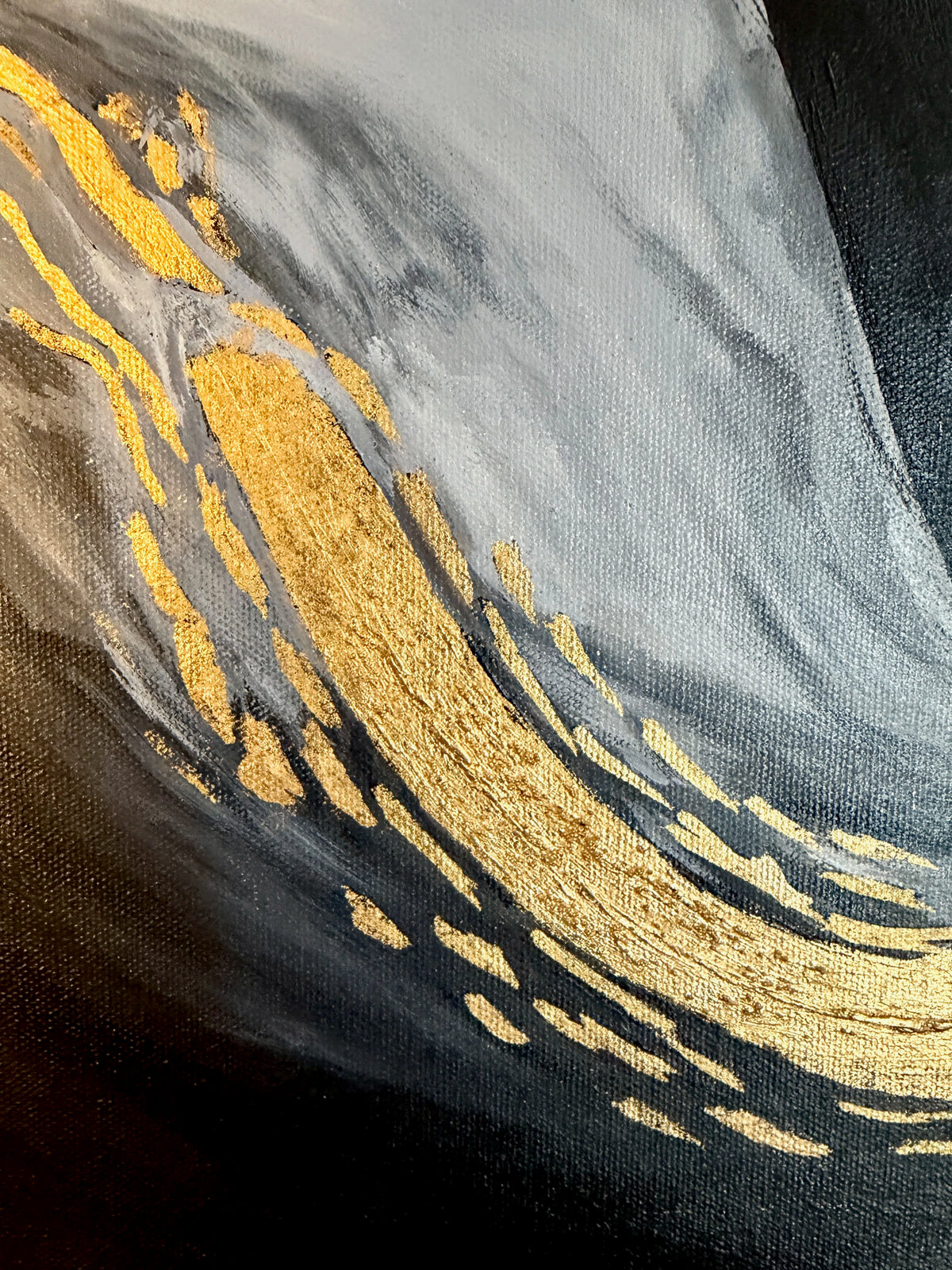 23K gold leaf detail flowing through black, white and grey layers in The River Within by Lisa Rees