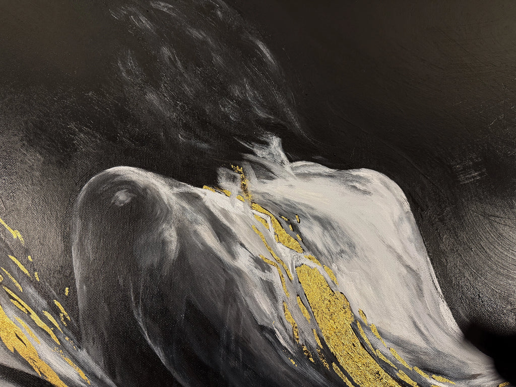 Reclining figure detail in The River Within by Lisa Rees with atmospheric black and white paint and 23K gold leaf