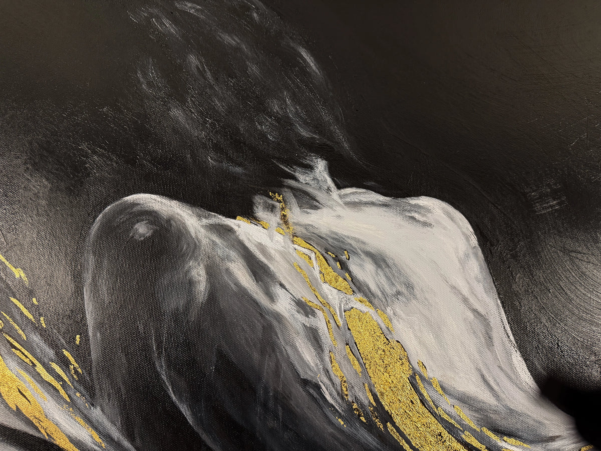 Reclining figure detail in The River Within by Lisa Rees with atmospheric black and white paint and 23K gold leaf