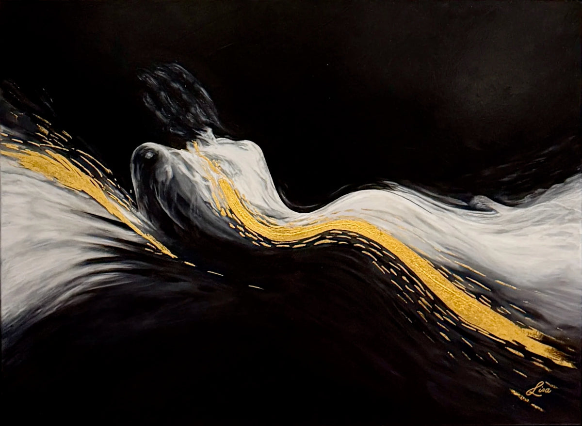 The River Within original figurative painting by Lisa Rees with black, white and genuine 23K gold leaf