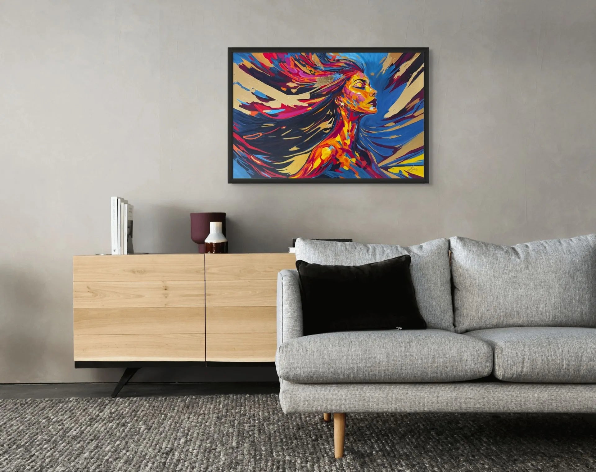Unapologetically Alive painting displayed above a credenza in a styled living space, highlighting placement options for modern interiors.